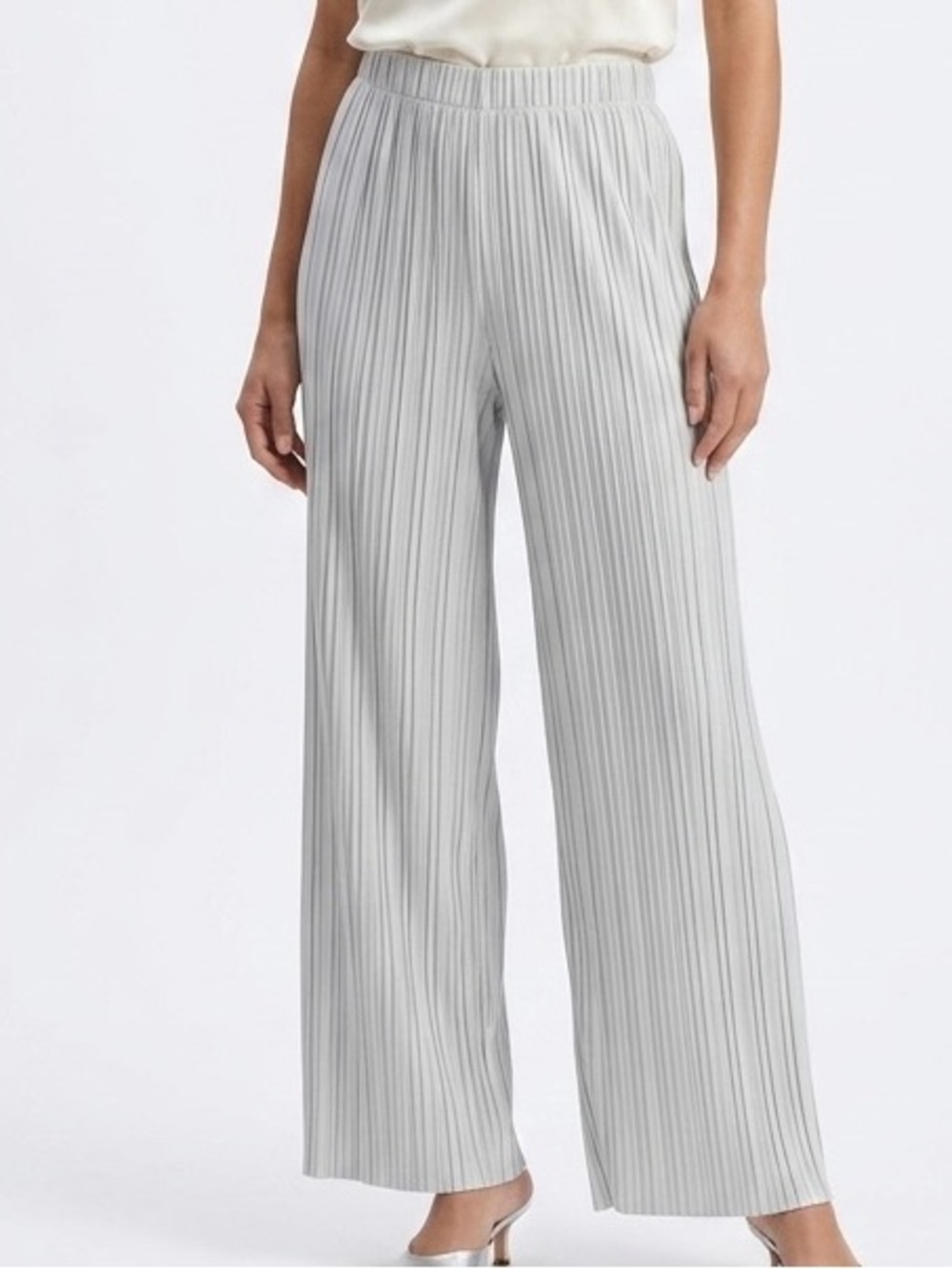 Lock & Love Premium Pleated Wide Leg Pants Light Gray Women’s Large Pull-On
